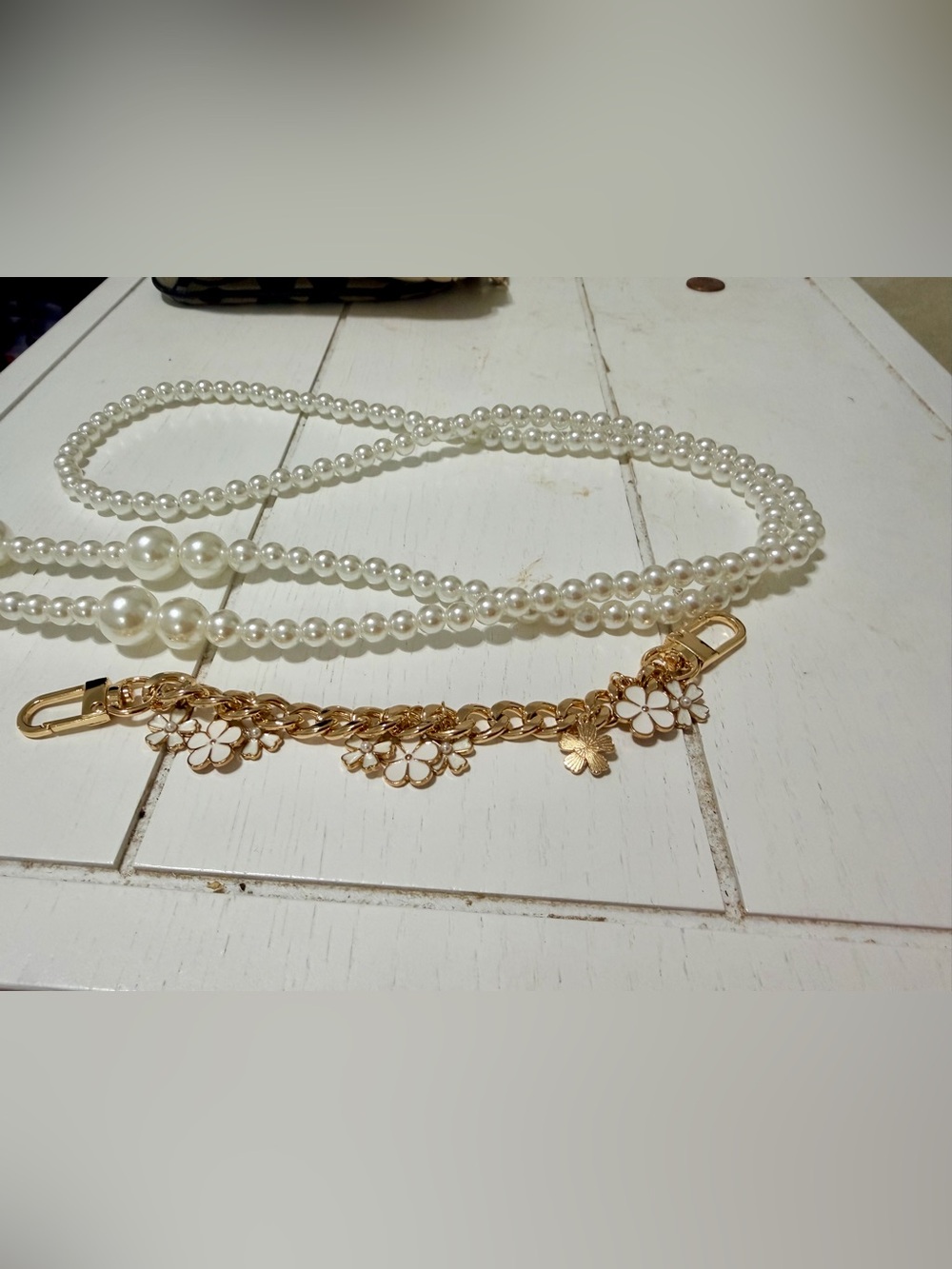 Set of Bag Chains - Pearl Beaded and  Gold Floral Chain